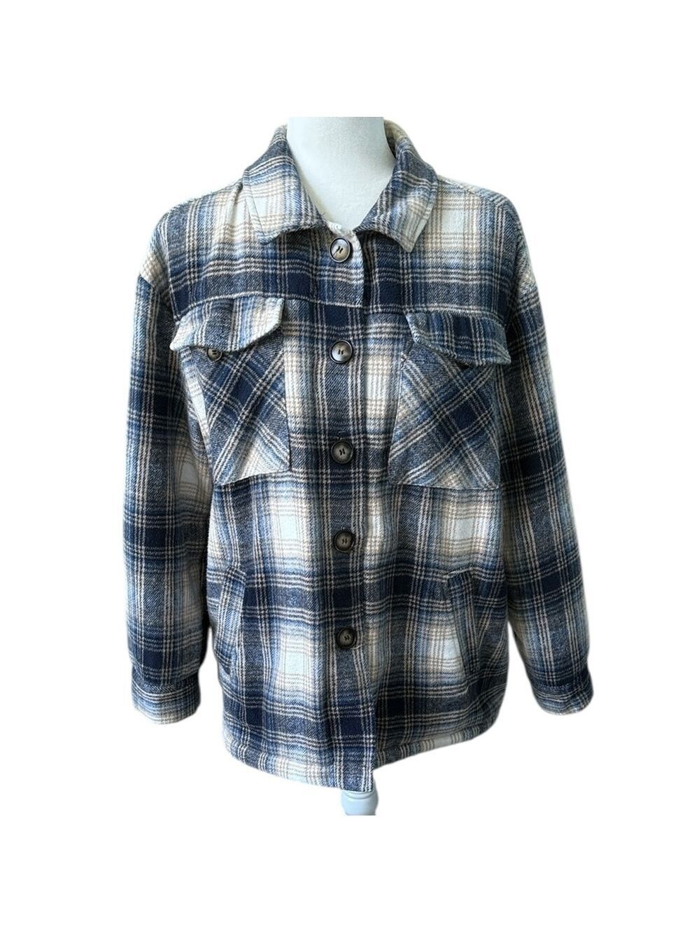 Ever B Plaid Flannel Jacket With Sherpa Lining Blue and Tan Size Large